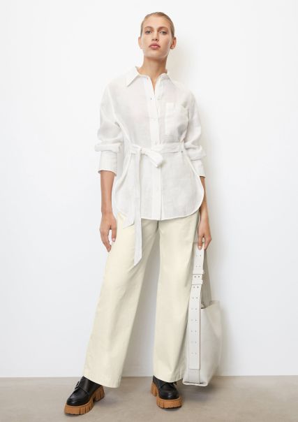 Blusa Oversize De Lino Con Lazada Fija Mujer White Precios Estacionales Blusas