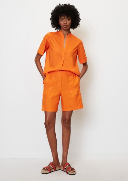Marigold Orange Pantalones Cortos Pantalones Cortos De Tiro Alto De Lino Cintura Parcialmente Elástica Mujer Ultimo Modelo